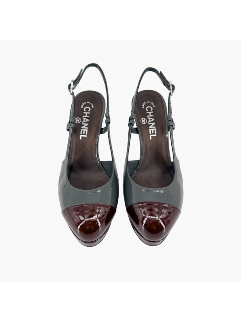 Chanel Gray Burgundy Patent Cap Toe Slingback Platform Pumps Size 37.5 US 6.5–7 - Picture 2 of 15